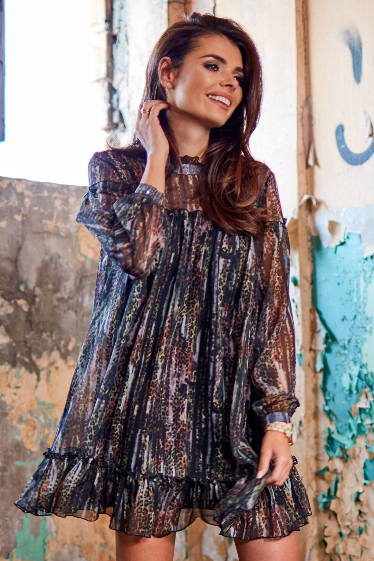 Kvalitní značkové šaty mini leopard potisk A319 - S/M Barva: Leopardí