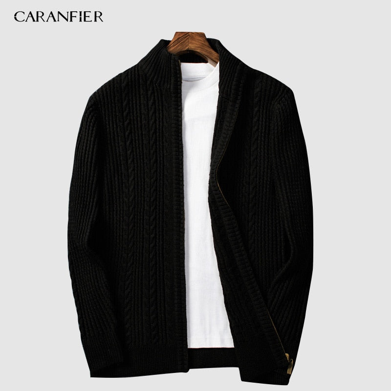 Levně CARANFLER Copánkový pánský svetr na zip pletená bunda Barva: Černá