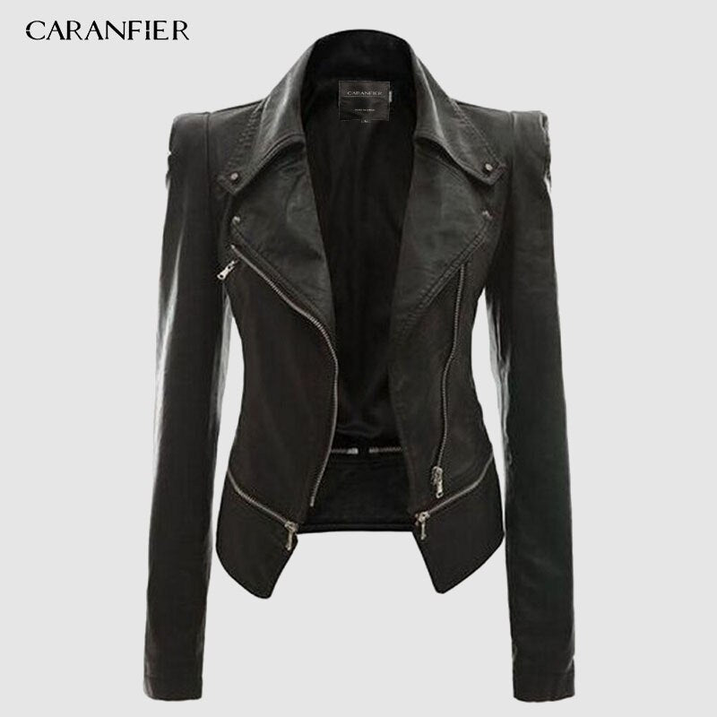 Levně CARANFLER Elegantní dámská bunda kožená se širokým límcem Barva: Černá