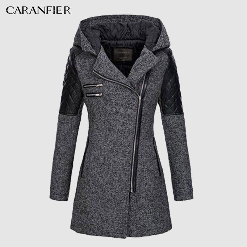 Levně CARANFLER Dámský teplý kabát s kapucí a asymetrickým zipem Barva: Šedá