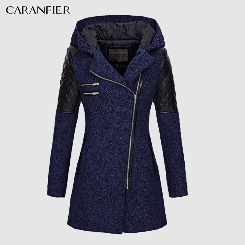 Levně CARANFLER Dámský teplý kabát s kapucí a asymetrickým zipem Barva: Tmavě Modrá