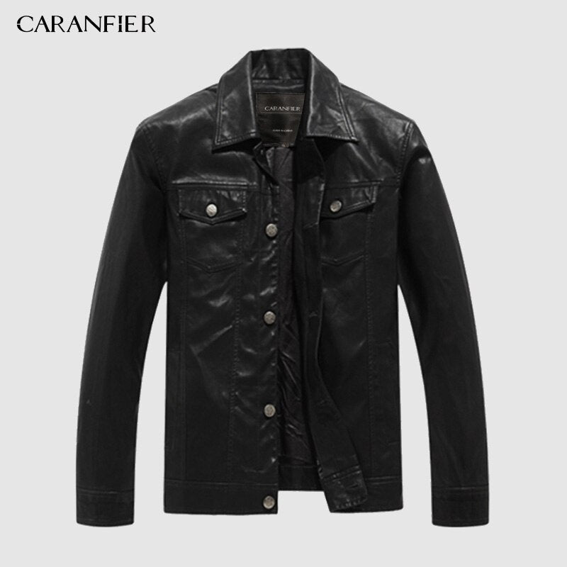 Levně CARANFLER Elegantní kožená bunda pro pány s límečkem classic na druky Barva: Černá