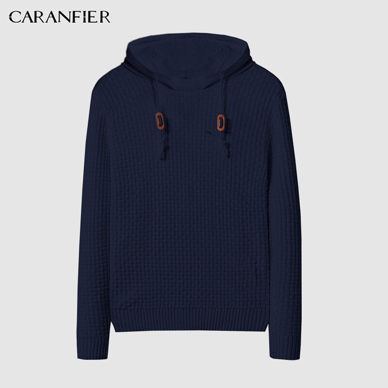 Levně CARANFLER Pletený pánský svetr s kapucí Barva: Tmavě Modrá