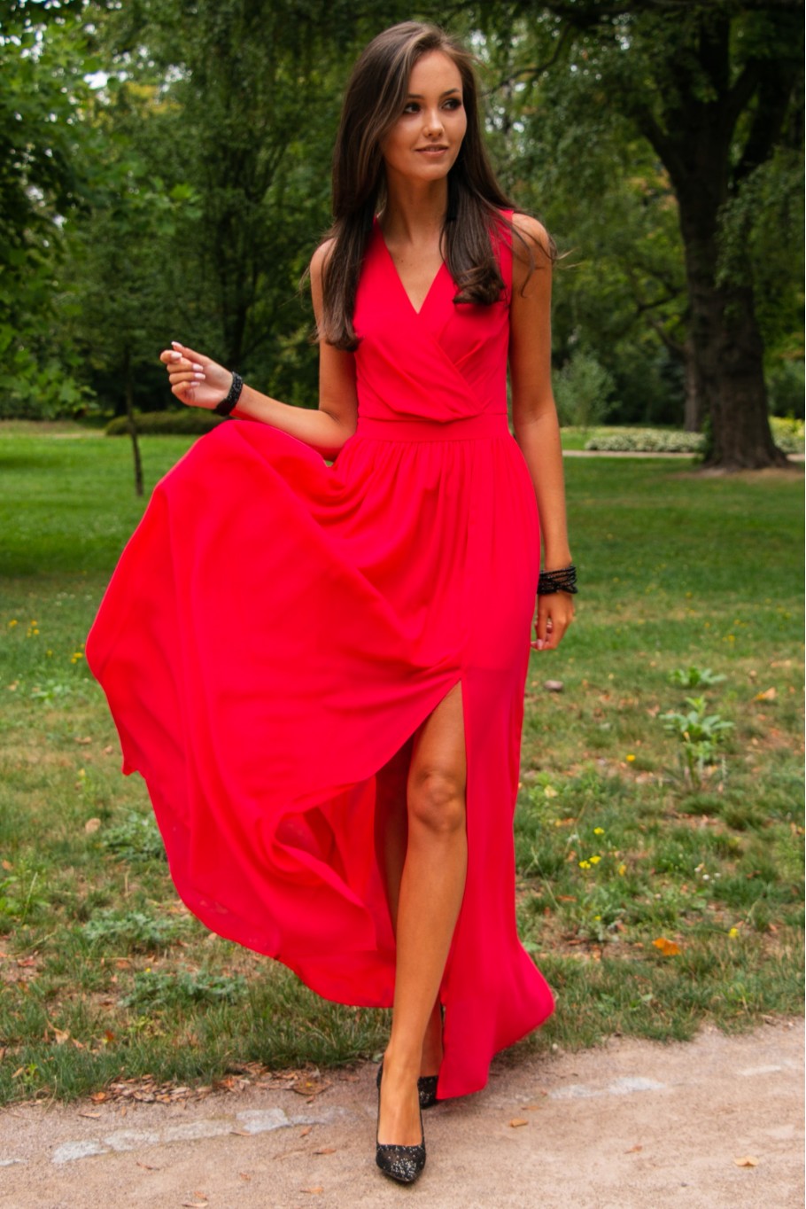 Levně Roco Fashion Maxi šaty s obálkovým výstřihem, s vázáním - ČERVENÉ 2XL/3XL Barva: Korálová