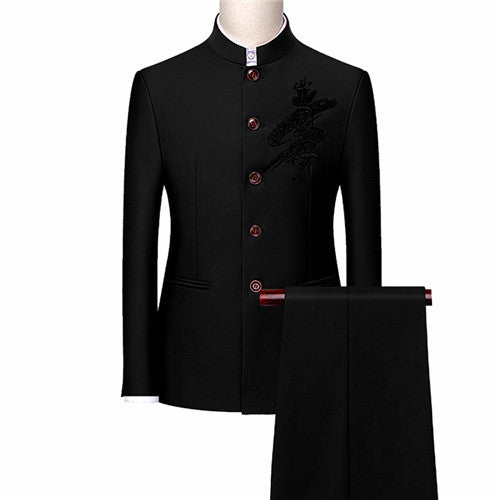 MC BUSINESS Pánský oblek retro korean styl s výšivky a vzory Velikost: S, Barva (Varianta): Černá