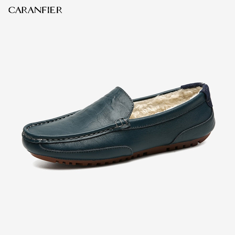 Levně CARANFLER Kožené zimní mokasíny pánské loafers Barva: Modrá