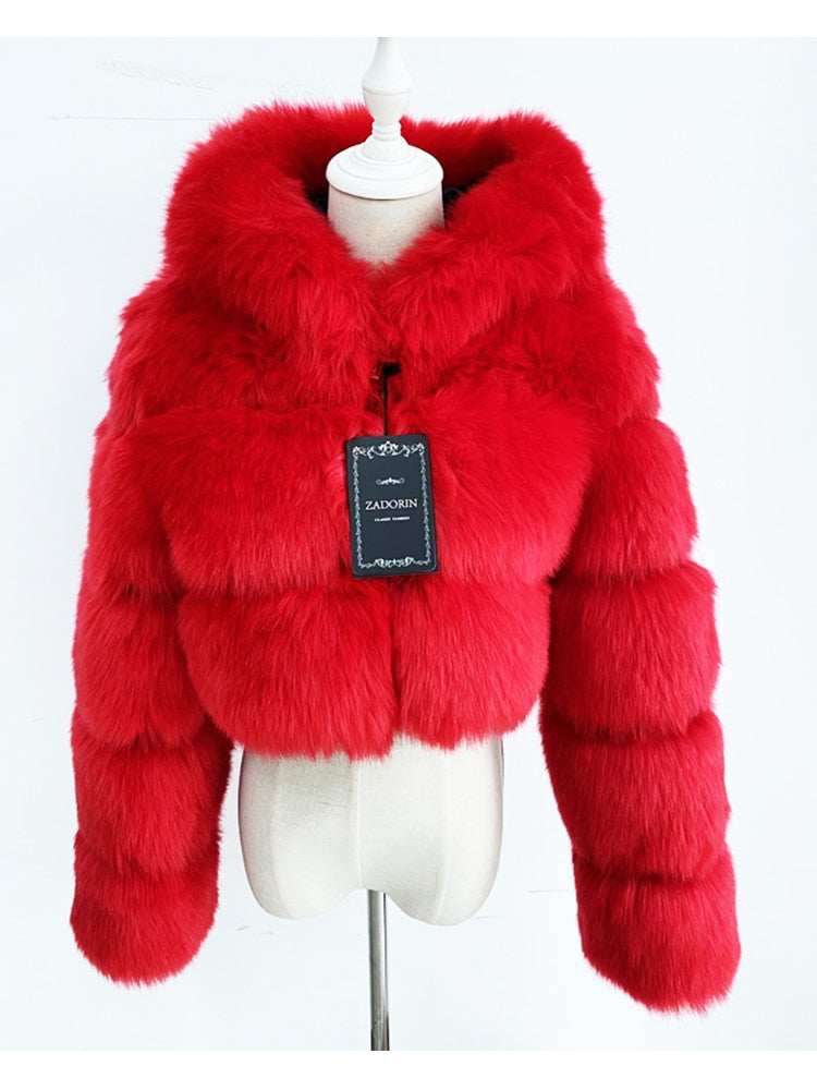 Levně A.Zado.Rin Crop kožich s kapucí krátká kožešinová bunda Barva: Červená