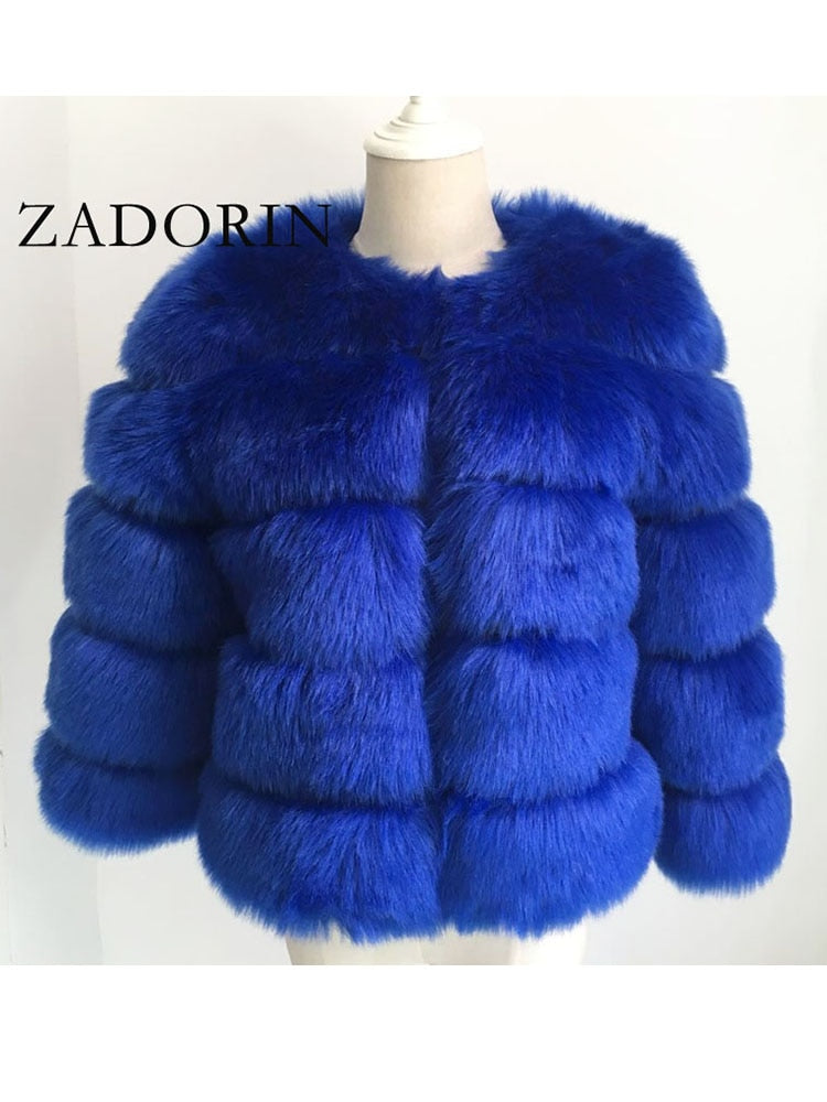 Levně A.Zado.Rin Dámský kožich zimní bunda chlupatý s 3/4 rukávy Barva: Modrá