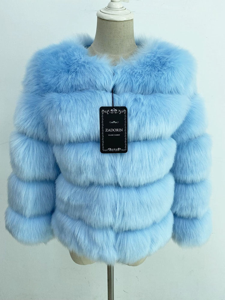 Levně A.Zado.Rin Dámský kožich zimní bunda chlupatý s 3/4 rukávy Barva: Světle Modrá