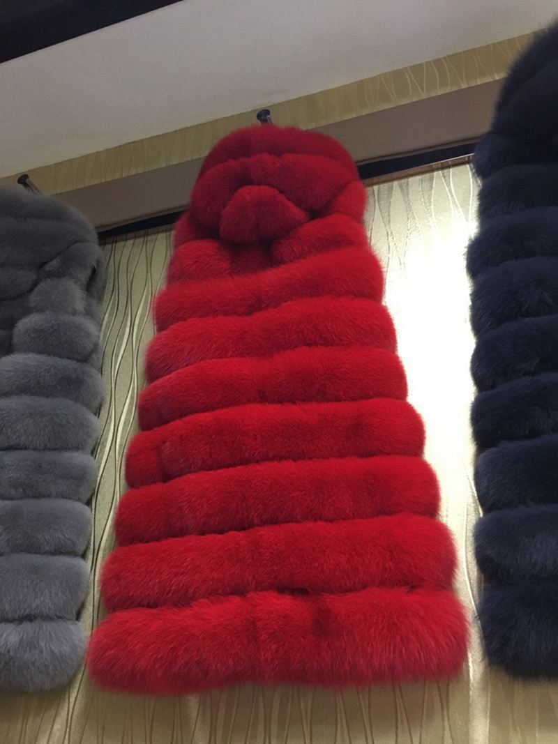 Levně A.Zado.Rin Dlouhá kožešinová vesta zimní kožich s kapucí bez rukávů Barva: Červená