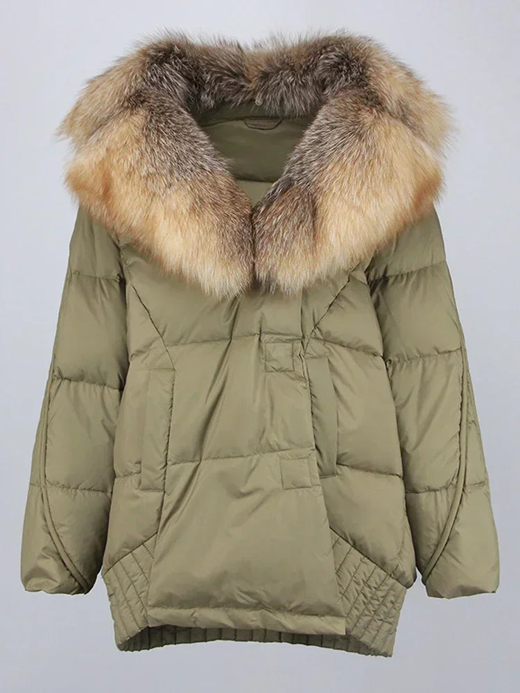 Best Fashion Péřová prošívaná bunda s přírodní kožešinou liška Velikost: L, Barva (Varianta): černé zlato Olive