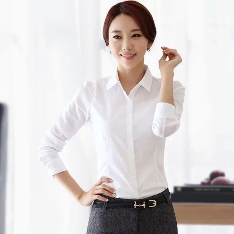 Elegantní dámské košilové body s dlouhým rukávem - Bílé M Barva: Bílá, Velikost: M