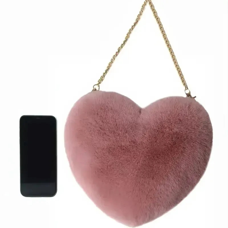 Heart Shaped Fluffy Shoulder Bag Fashion Chain Crossbody Bag Plush Handbag Cute Zipper Purse For Valentine's Day (obrázek 4)