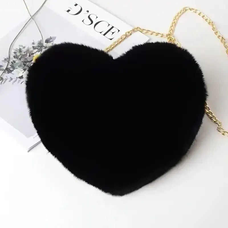 Heart Shaped Fluffy Shoulder Bag Fashion Chain Crossbody Bag Plush Handbag Cute Zipper Purse For Valentine's Day (obrázek 5)