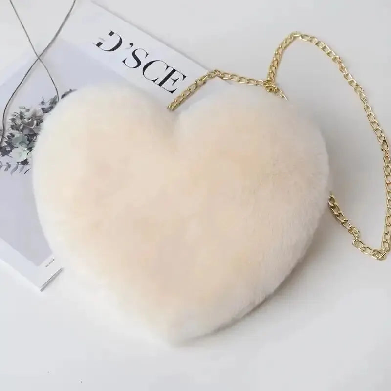 Heart Shaped Fluffy Shoulder Bag Fashion Chain Crossbody Bag Plush Handbag Cute Zipper Purse For Valentine's Day (obrázek 6)