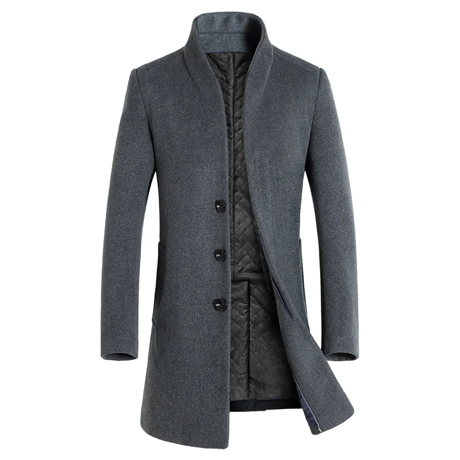 Pánský elegantní vlněný kabát se stojáčkem - Šedý L/XL Barva: Šedá, Velikost: L