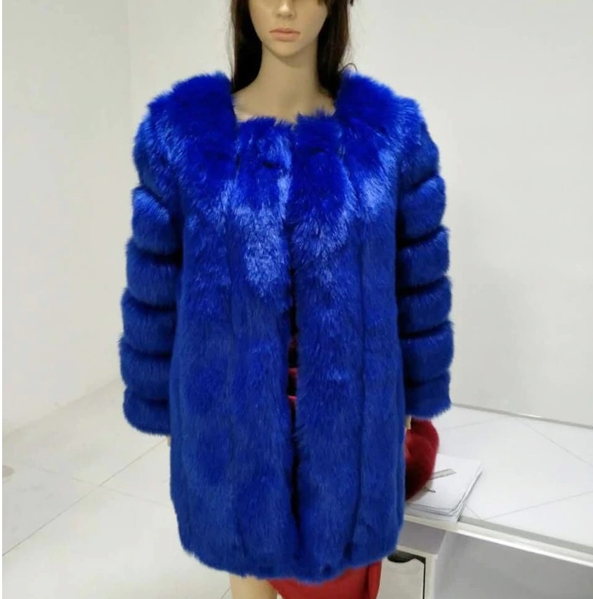 Levně A.Zado.Rin Kožešinový kabátek bunda kožich s dlouhým rukávem - MODRÝ M Barva: Modrá