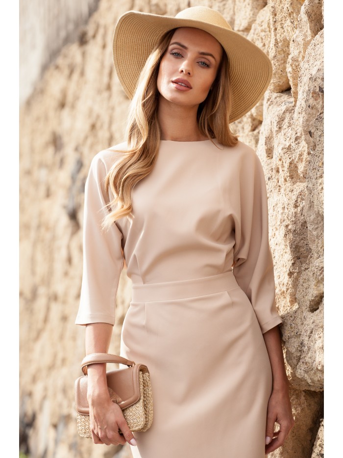 Levně Midi šaty s volným topem a tužkovou sukní MOE M360 Barva: Béžová