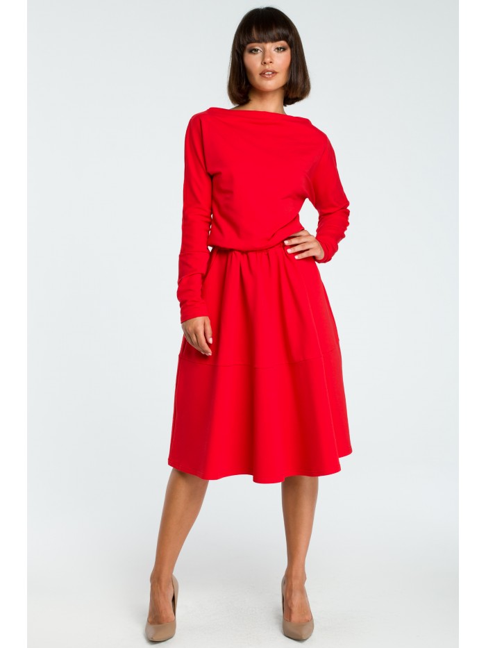 Levně BeWear Bavlněné Midi šaty pod kolena s dlouhým rukávem Barva: Červená