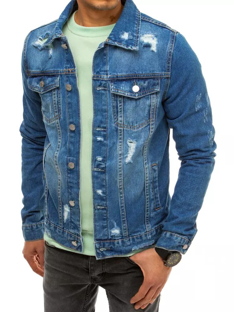Levně Dstreet Pánská džínová bunda s oděrky riflová bundička s kapsami Barva: Nebeská