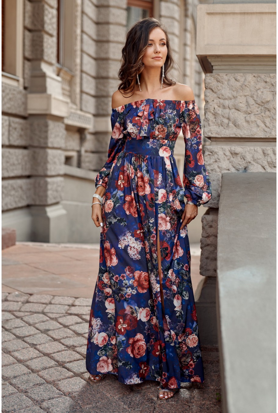 Levně Roco Fashion Španělské šaty s potiskem a odhalenými rameny - MODRÉ XS Barva: Modrá