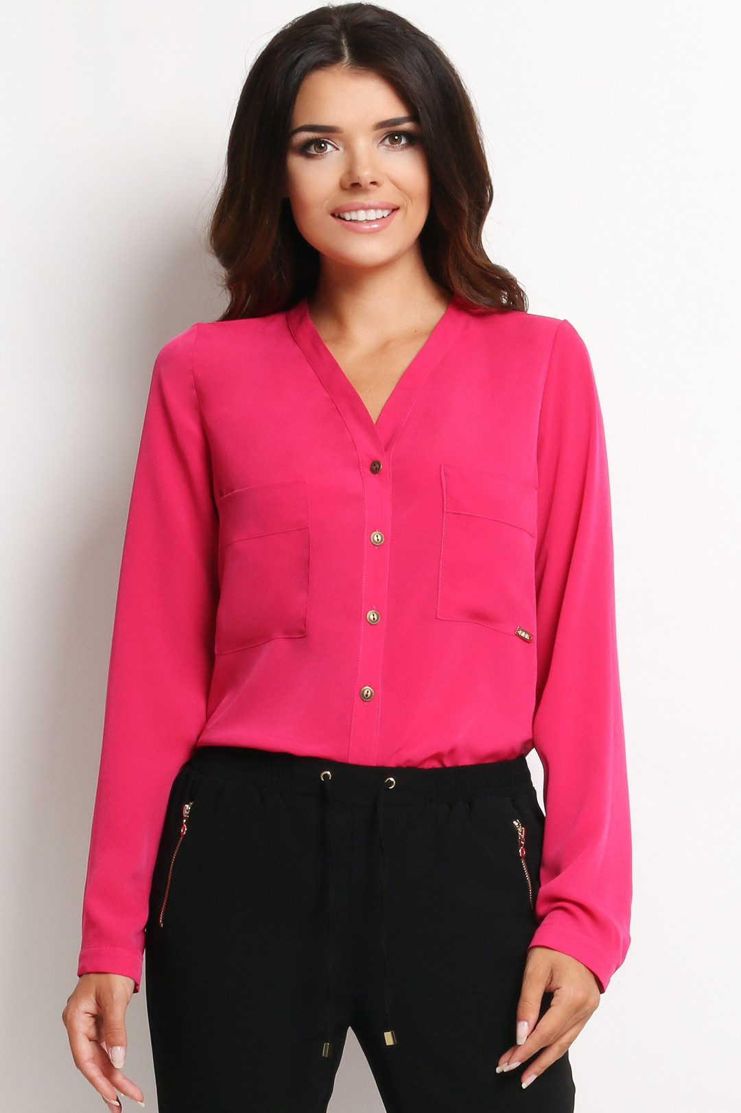 Levně Awama Elegantní košile s dlouhým rukávem a výstřihem do V A126 Barva: Růžová