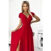 Dlouhé lesklé šaty s výstřihem a rozparkem - Červené L