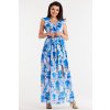 Šifonové šaty s volánkem, květinami a rozparkem A502 (Velikost L, Barva Modrá)