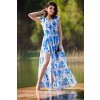 Šifonové šaty s volánkem, květinami a rozparkem A502 (Velikost L, Barva Modrá)