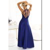 Dlouhé lesklé šaty se zavazováním na zádech 566-1 PERLA (Velikost XS, Barva Tmavě modrá)