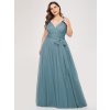 dlouhé tylové společenské šaty s výstřihem do V - Teal M