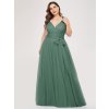 dlouhé tylové společenské šaty s výstřihem do V - Teal M