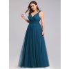 dlouhé tylové společenské šaty s výstřihem do V - Teal M