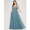 dlouhé tylové společenské šaty s výstřihem do V - Teal M