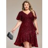 šaty s krátkým rukávem, volánky, flitry a výstřihem do V (Barva Bordová, Velikost S)
