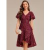 šaty s krátkým rukávem, volánky, flitry a výstřihem do V (Barva Bordová, Velikost S)