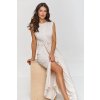 Maxi šaty se zavazováním v pase M873 (Barva Béžová, Velikost S)