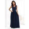 Dlouhé elegantní maxi šaty s krajkovým topem a rozparkem LEA 215-6 (Velikost S, Barva Tmavě modrá)
