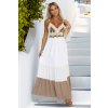 Dlouhé šaty na ramínka s háčkovaným topem – boho styl 612-1 (Velikost ONE SIZE, Barva Světle hnědá)