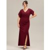 Večerní šaty s krátkým rukávem, rybím ocasem a výstřihem do V (Barva Bordová, Velikost 4XL)