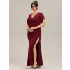 Večerní šaty s krátkým rukávem, rybím ocasem a výstřihem do V (Barva Bordová, Velikost 4XL)