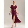 Maxi šaty s krátkým rukávem, volánky, hlubokým výstřihem do V (Barva Bordová, Velikost S)