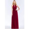 Dlouhé šifonové šaty s halter výstřihem a páskem v pase (Barva Bordová, Velikost L)