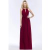 Dlouhé šifonové šaty s halter výstřihem a páskem v pase (Barva Bordová, Velikost L)