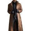 Pánský dlouhý kožený kabát trenč (Barva Khaki, Velikost XL)