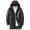 Zimní kožený kabát s kapucí v prodlouženém střihu (Barva Černá, Velikost 2XL)