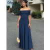 Dámské dlouhé šaty s odhalenými rameny a řasením (Barva (varianta) Tmavě modrá, Velikost M)
