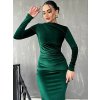 Sametové přiléhavé midi šaty s řasením a dlouhým rukávem (Barva (varianta) Zelená, Velikost M)