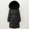 dlouhý péřový kabát s pravou kožešinou na kapuci - Černý L