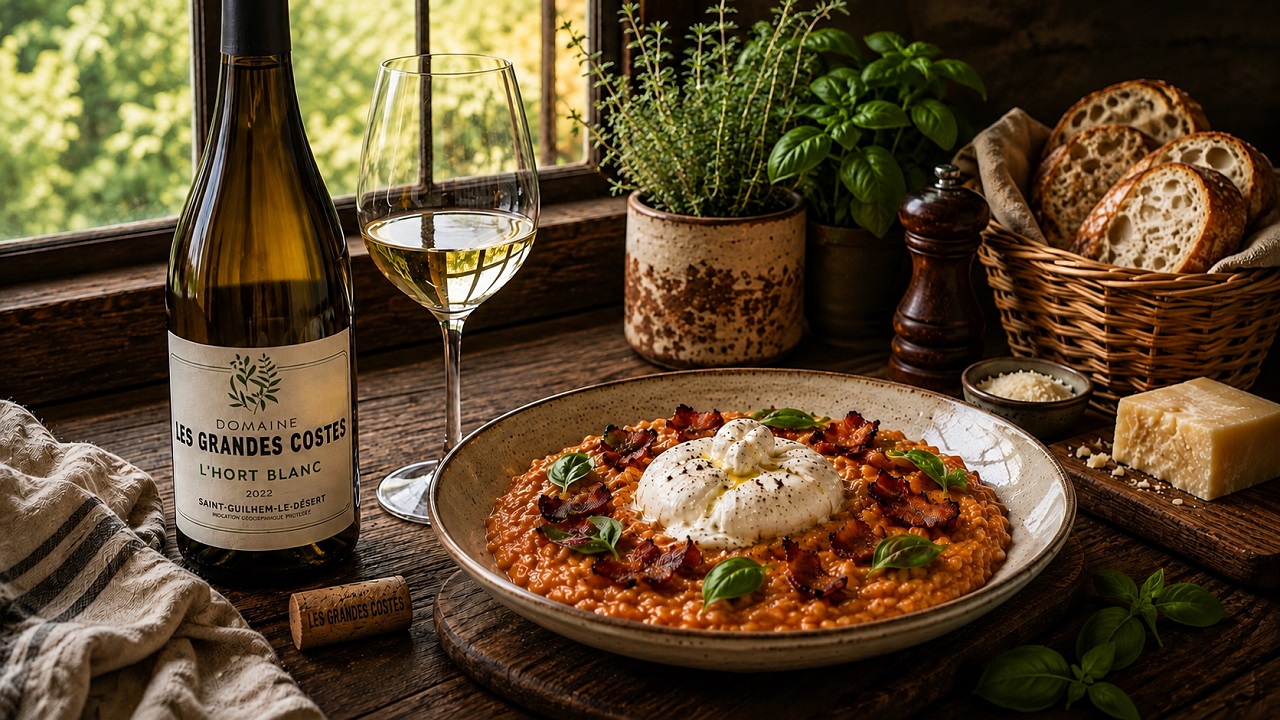 Risotto z pečených paprik s burratou a křupavým guanciale